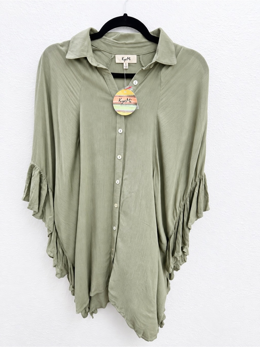 KyeMi Olive Green Button-Front Ruffle Sleeve Shirt